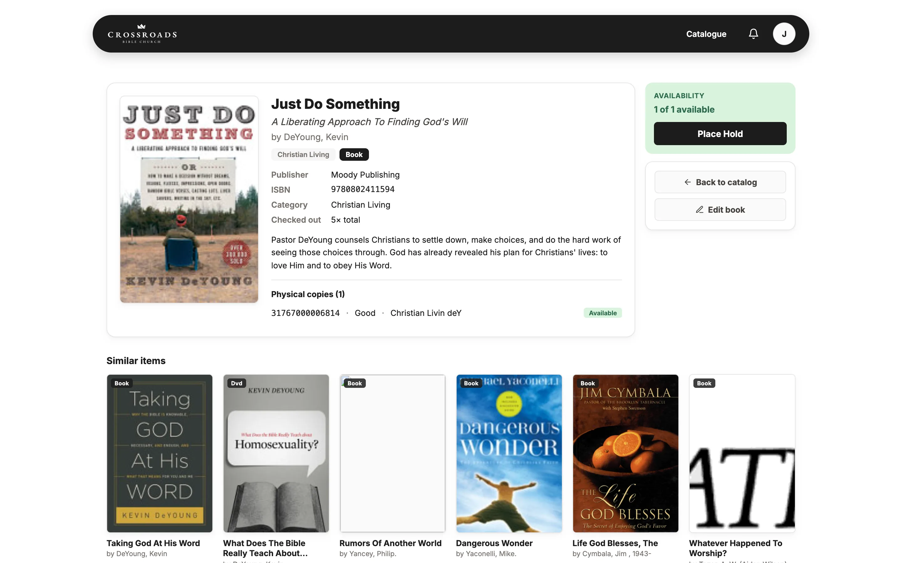 A book detail page in Shelfwise for “Just Do Something”, showing the cover, publisher, ISBN, category, checkout count, description, physical copies and a row of similar titles.