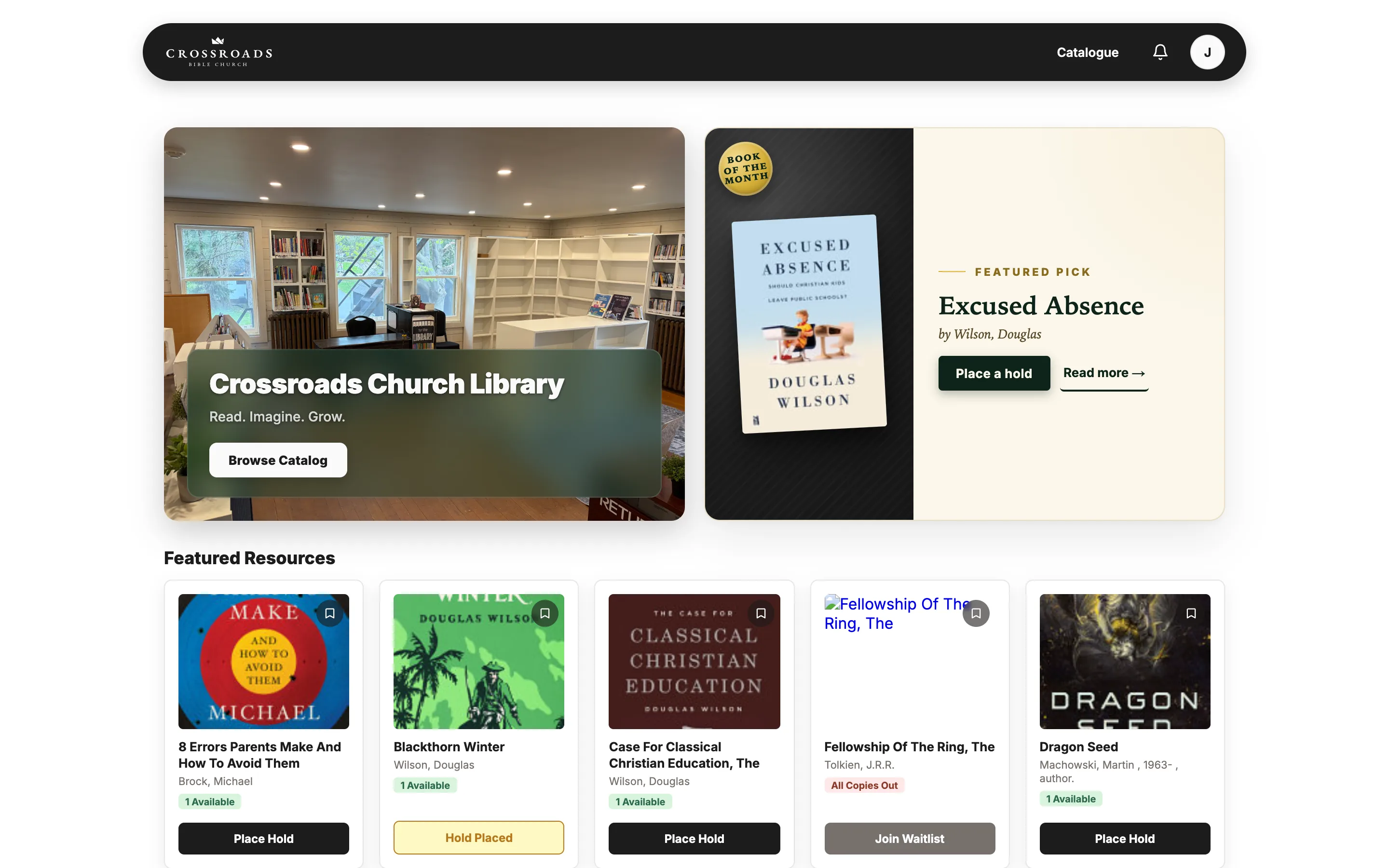 The Crossroads Church Library home page in Shelfwise, showing the library banner, a Book of the Month feature and a row of featured titles with cover art.