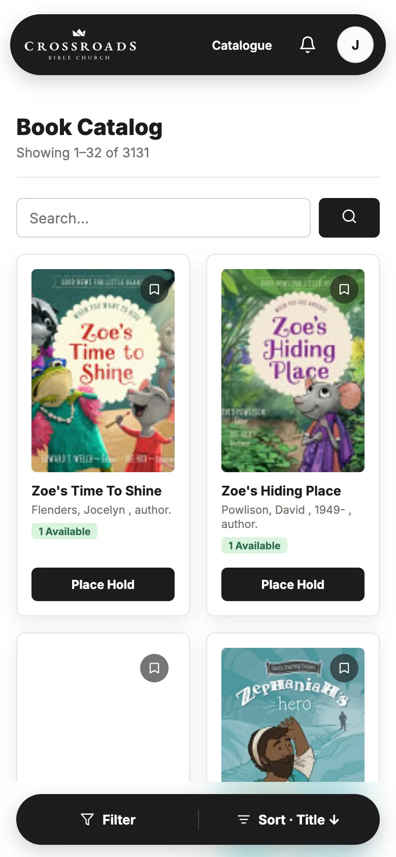 The Shelfwise catalog on a phone, showing book covers in a two-column grid with a floating filter and sort bar.